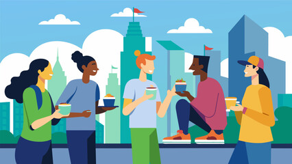 Obraz premium On the rooftop of a city skyscr a group of likeminded sneaker lovers gather to admire each others collections of ecofriendly kicks while sipping on. Vector illustration