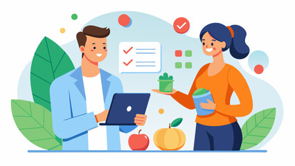 Collaborating with a nutritionist the coach creates a comprehensive wellness plan for a client that incorporates both healthy eating and regular. Vector illustration