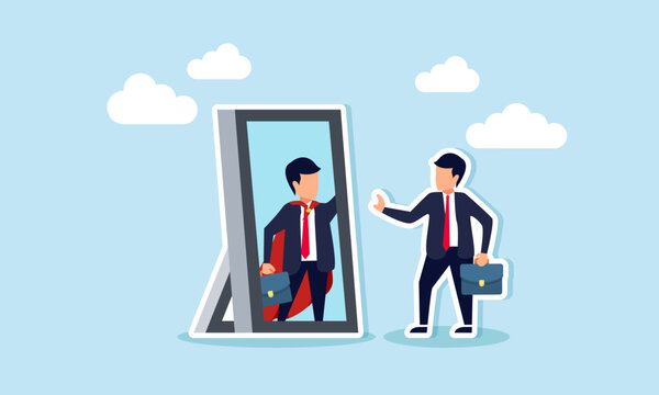 Self confidence, believing in oneself, positive attitude, and ambition drive success, concept of The businessman gazes at his powerful ideal self, a superhero, in the mirror