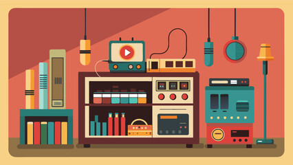 Customers could also find vintage audio accessories such as original needle cartridges and replacement cords at the shop. Vector illustration