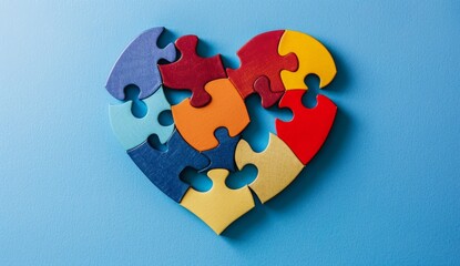 Heart made of colorful puzzle pieces on blue background, autism awareness concept