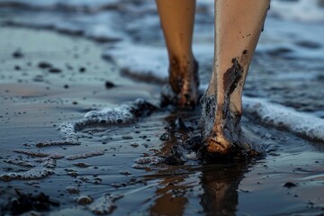 Close-up view of feet dirty with black oil on the beach sand