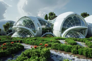Vegetable garden near a futuristic glass house