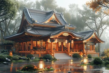 Japanese Temple: Intricate Wood Carvings, Sloping Roof Architecture Design