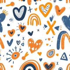Whimsical Heart Shaped Pattern with Doodle Shapes and Vibrant Colors