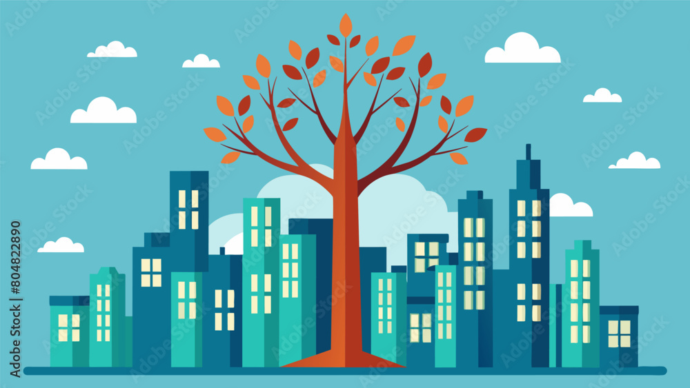 Poster a single tree with its branches reaching towards the sky standing tall amidst a community of buildin