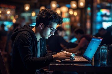A Young Entrepreneur's Late Night Hustle: Intently Focused on a Laptop at a Bustling Cybercafe, Illuminated by Neon Lights and Surrounded by Fellow Tech Aficionados