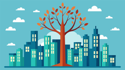 A single tree with its branches reaching towards the sky standing tall amidst a community of buildings. It serves as a reminder that although each. Vector illustration