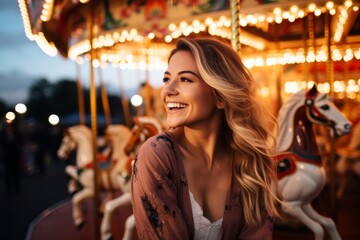 A Radiant Smile Captured in the Glow of Twinkling Fairground Lights as the Carousel Horses Dance Merrily in the Background