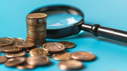 Stack of coins and magnifying glass on blue background, investment analysis concept
