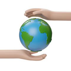 Cartoon hands protecting planet earth. 3d illustration.