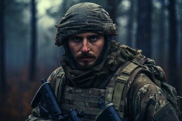 Fototapeta premium A Lone Warrior Stands Ready at Dawn, Geared Up in Camouflage for the Upcoming Airsoft Battle on the Field Ahead