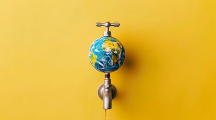 Planet Earth with a faucet on a yellow background, World Water Day