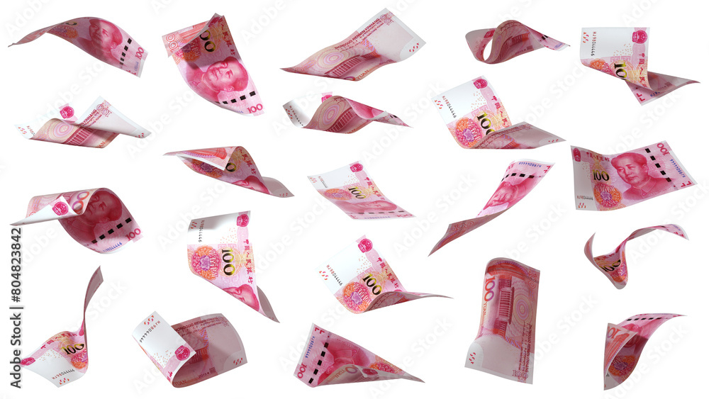 Aufkleber 3D rendering of 100 Chinese renminbi notes flying in different angles and orientations isolated on transparent background