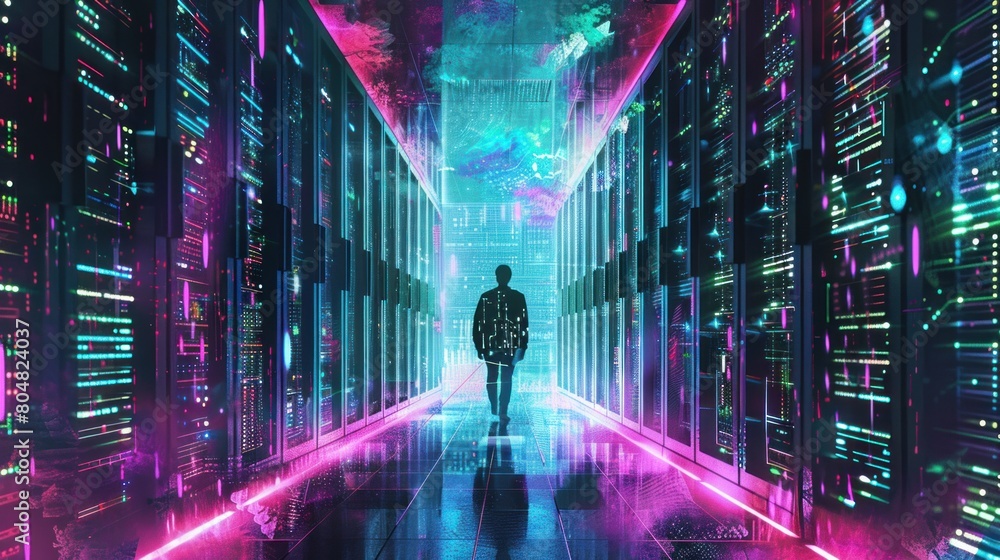 Fototapete man standing in server room of large data center. computer engineering and big data concept