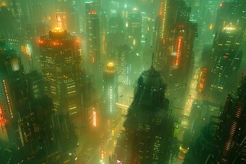 Glowing Cyberpunk Skyscrapers: Neon Lights in Dystopian Cityscape