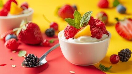Vibrant shot of delicious natural yogurt with a spoon, garnished with fresh fruits, perfect for breakfast promotions, bright isolated backdrop, studio lighting