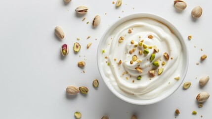 Fototapeta premium Top perspective of natural yogurt with an elegant serving of nut paste and pistachios, set for high-end advertising on a pure white background, precise studio lighting