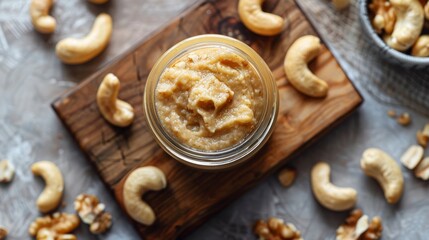 Fototapeta premium Simple yet elegant top view setup of nut paste in a jar with cashews on a wooden cutting board. Minimalist design for advertising. Clear background, balanced studio light