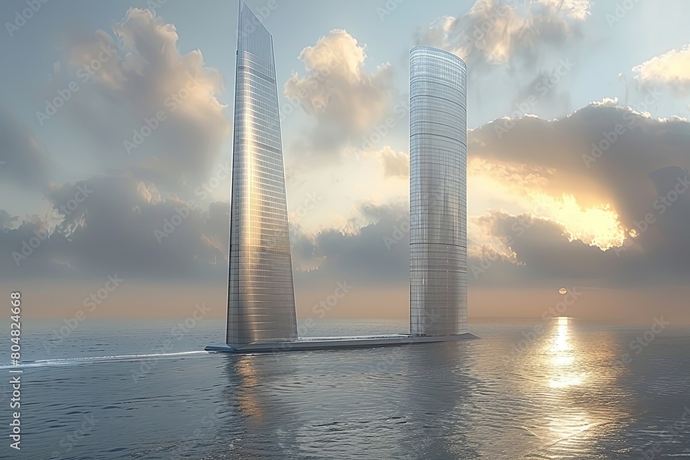 Poster sharp angles reflection: futuristic skyscraper geometric architecture design
