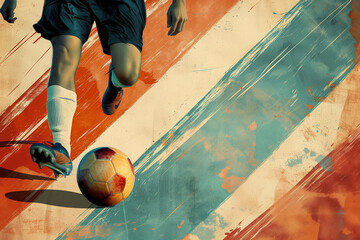 A soccer player dribbles and kicks a soccer ball