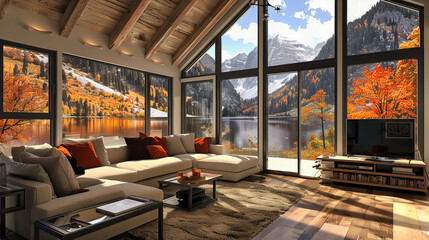 Modern Chalet Interior with Mountain View, Cozy Living Space Featuring Wood and Luxury Decor