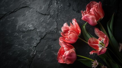 Elegant peony tulips basking in soft light against a sleek black stone backdrop setting the scene for a festive celebration perfect for Mother s Day or Valentine s Day Ideal for greeting ca