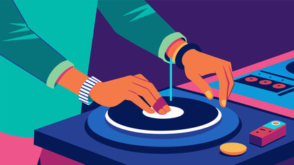 With a flick of their wrist the DJ drops the needle onto a new track adding an unexpected twist to the mix and keeping the audience on their toes. Vector illustration