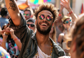 Obraz premium Handsome brown man with afro wearing sunglasses was dancing in the middle of a crowd at an outdoor music festival.
