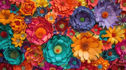 An array of vibrant Mexican paper flowers adorned the wall
