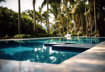 'product poolside luxury backdrop water podium placement Hotel Summer resort splay blue stand tropical design pool Stone background poduim dais racked shadow'