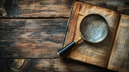 Magnifying Glass Resting on an Open Antique Book on a Wooden Table