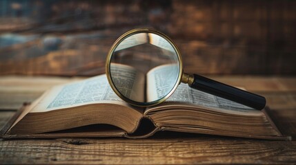 Magnifying Glass Resting on an Open Antique Book on a Wooden Table