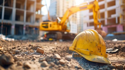 Yellow construction helmet on the ground with a blurred background of a construction area with machinery
