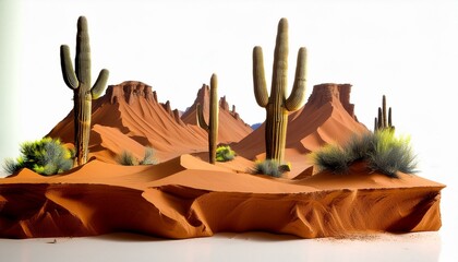 meticulously crafted miniature diorama portraying a serene desert scene, featuring vivid red sand dunes, towering cacti, and distant mountain peaks. desert with cactus landscape and mountains isolated