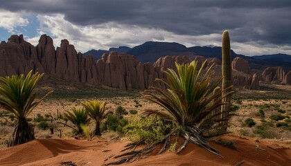 meticulously crafted miniature diorama portraying a serene desert scene, featuring vivid red sand dunes, towering cacti, and distant mountain peaks. desert with cactus landscape and mountains isolated