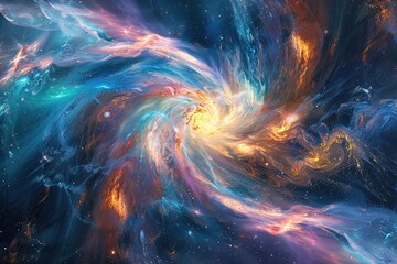 Obraz premium The depths of space, surrounded by a galaxy of swirling stars and nebulae.Swirling vortices of cosmic energy, colorful Nebulae and star clusters