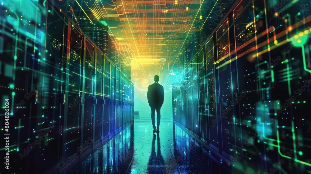 Poster man standing in server room of large data center. computer engineering and big data concept