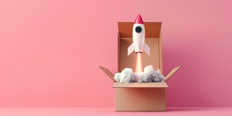 Rocket coming out of cardboard box on pink background, startup concept