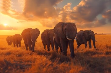 Fototapeta premium Elephants Grazing in Serene Savanna Landscape at Sunset