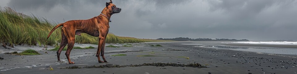 Elegant Ridgeback Dog Standing on a Moody Beach, Dramatic and Dynamic Canine Portrait