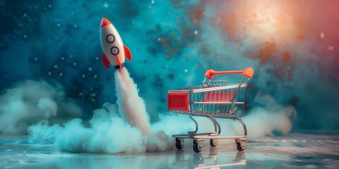 Rocket and shopping cart on blue background, startup concept