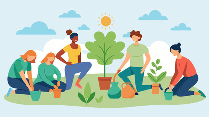 Fototapeta premium As the yoga session comes to a close the group moves on to the planting portion of the event digging holes watering and planting various seeds and. Vector illustration