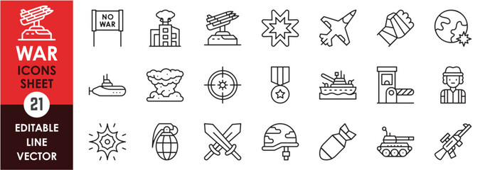 Line icons set representing war. Outline icons with war, explosion, submarine, fighter jets, medal and so on.