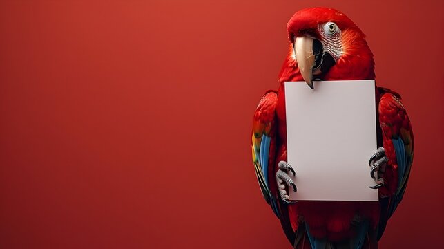 Surreal Parrot Holding Blank Paper Against Vivid Red Background