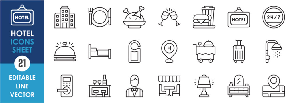 Line icons set of hotel. Hotel and travel icons collection. Outline style including hotel sign, food, shower, map, travel and so on.