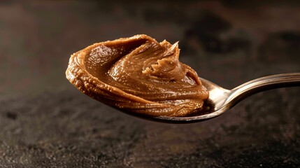 Fototapeta premium Perfectly detailed, glistening almond butter on a silver spoon, the smooth sheen captured under professional studio lighting, ideal for high-end culinary ads, isolated backdrop