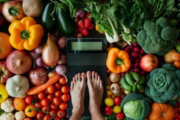 Woman Standing on Digital Scale Amidst an Abundance of Fresh Vegetables in a Kitchen Setting