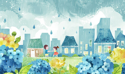 Rainy Day in a Colorful Neighborhood: An Illustrated Scene