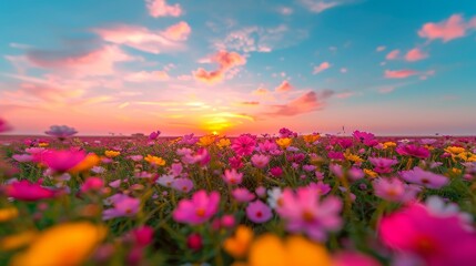 Vibrant Sunset Over a Field of Colorful Wildflowers, Perfect for Themes of Nature, Beauty, and Tranquility